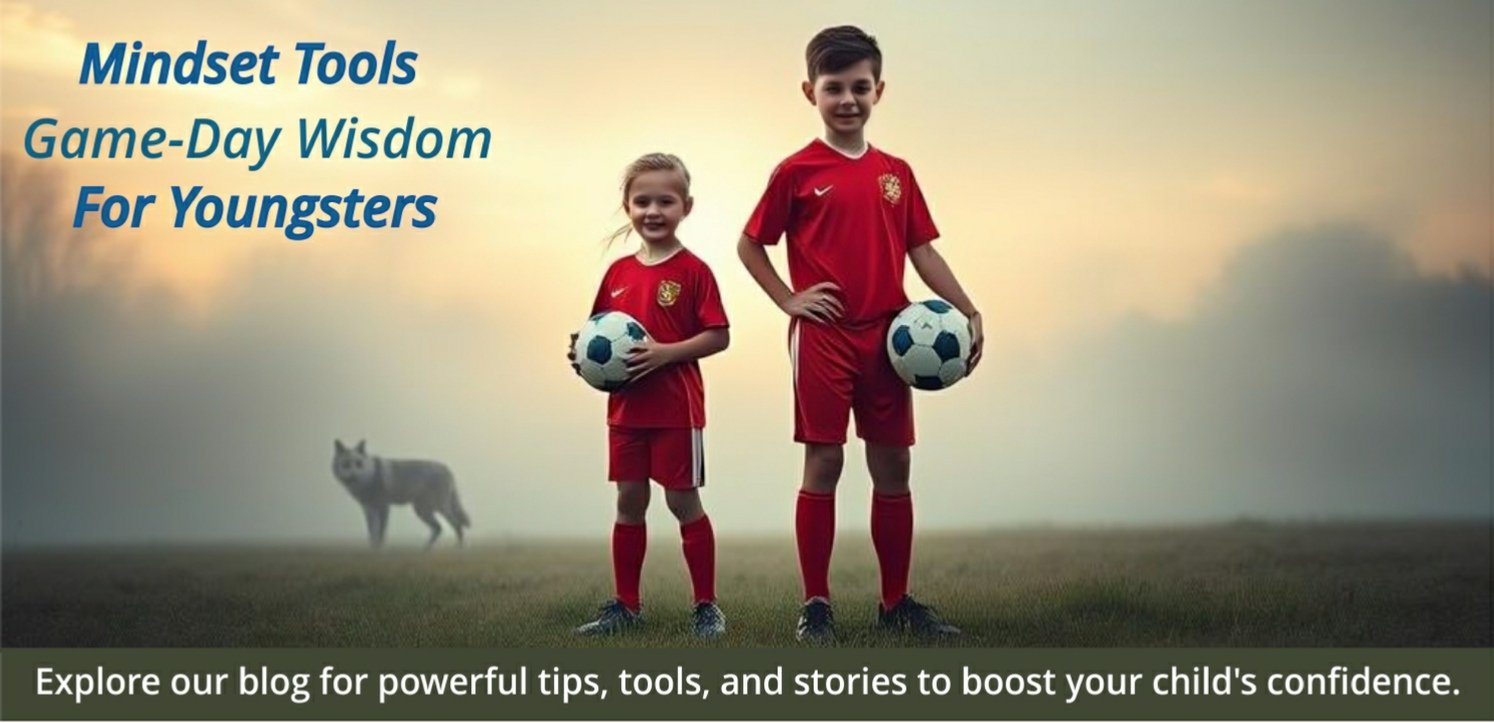 "Young soccer players standing confidently on a field with wolf spirits in the background, promoting mindset tools and emotional strength."